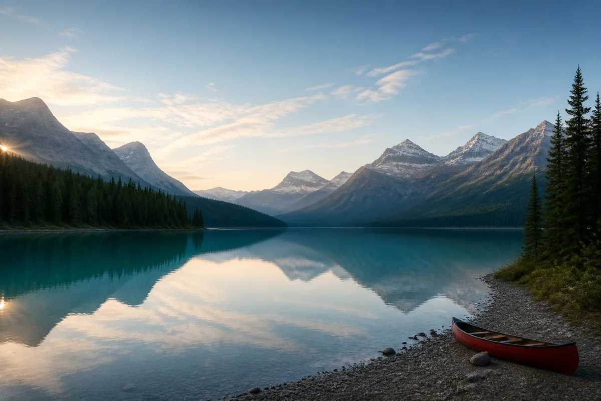 Grand lac turquoise au pied des Rocheuses canadiennes, avec un canoë rouge sur la rive