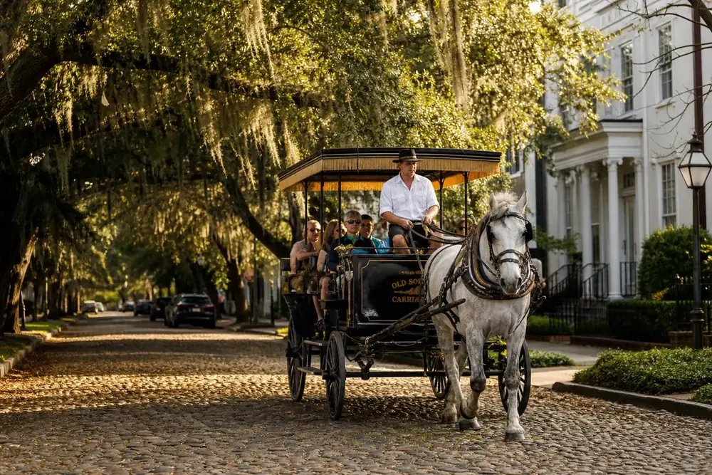 Calèche traversant une rue pavée du centre historique de Charleston