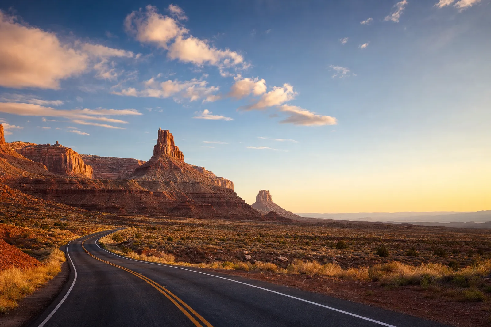 Route panoramique traversant les canyons et mesas de l’Ouest américain au lever du soleil