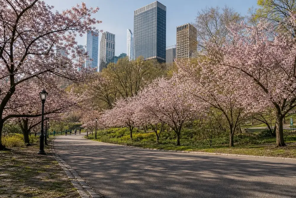Central Park en fleurs au printemps, gratte-ciel de Manhattan en arrière-plan