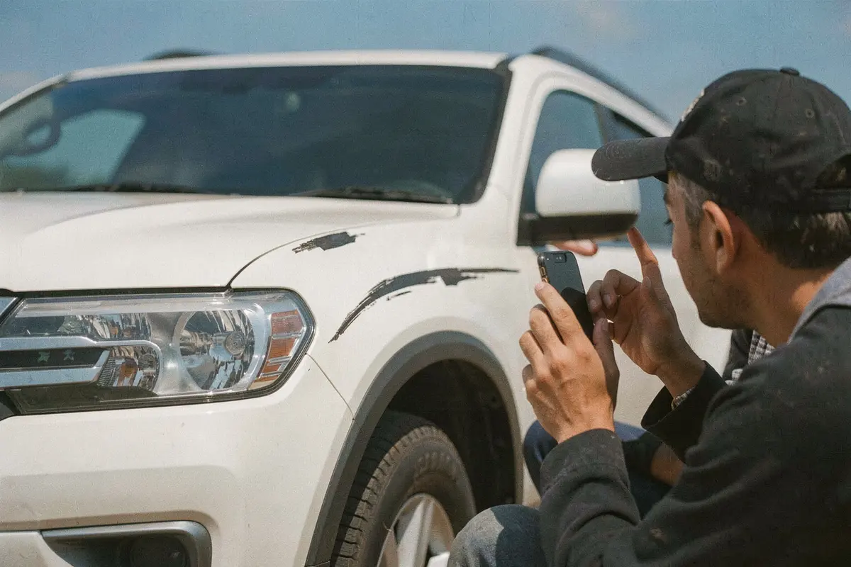Une personne accroupie photographie avec son téléphone une longue rayure sur l’aile avant d’un SUV blanc, ciel bleu, arrière-plan sans enseigne