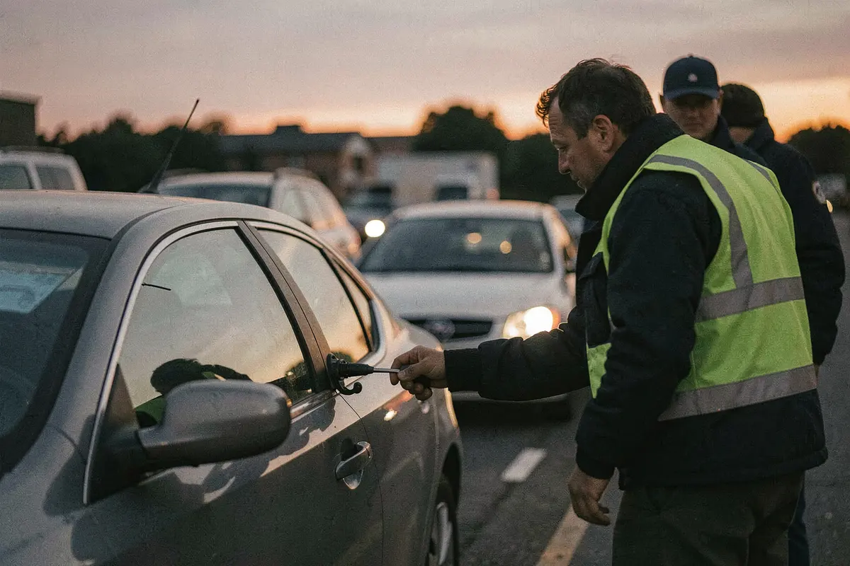 Un conducteur contrôle le flanc d’une berline grise avec un agent en gilet dans une file de restitution au crépuscule