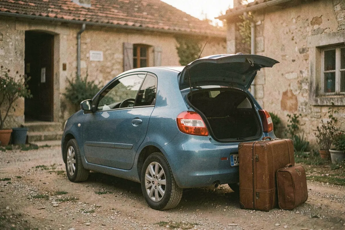 Une voiture compacte bleue garée seule dans la cour d’une maison de village, valises posées près du coffre ouvert au petit matin