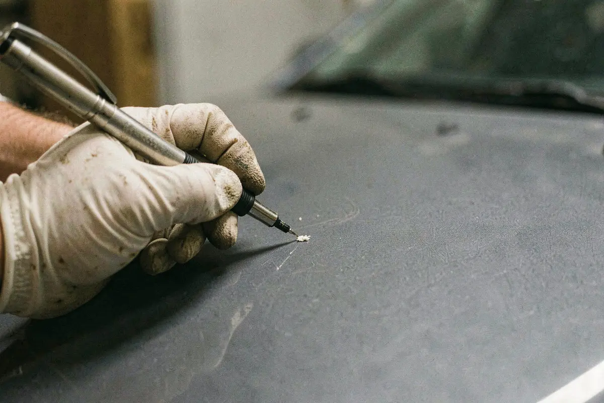 Gros plan d’une main gantée qui tient un stylo de retouche contre un minuscule éclat sur le capot gris foncé d’une voiture, lumière d’atelier