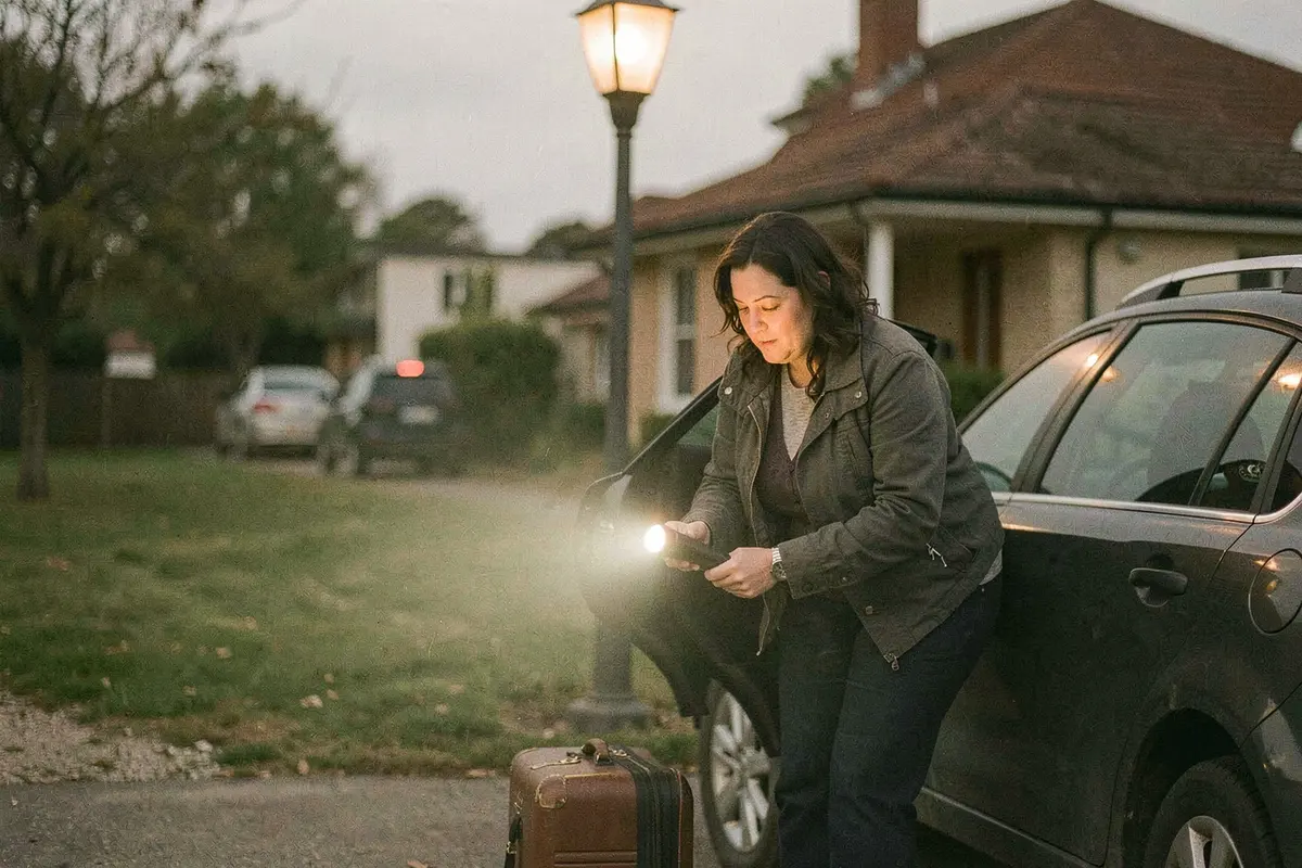 Une femme au retour de voyage inspecte avec une lampe de poche l’aile arrière d’une voiture garée devant une maison, valise à ses pieds, sous un lampadaire