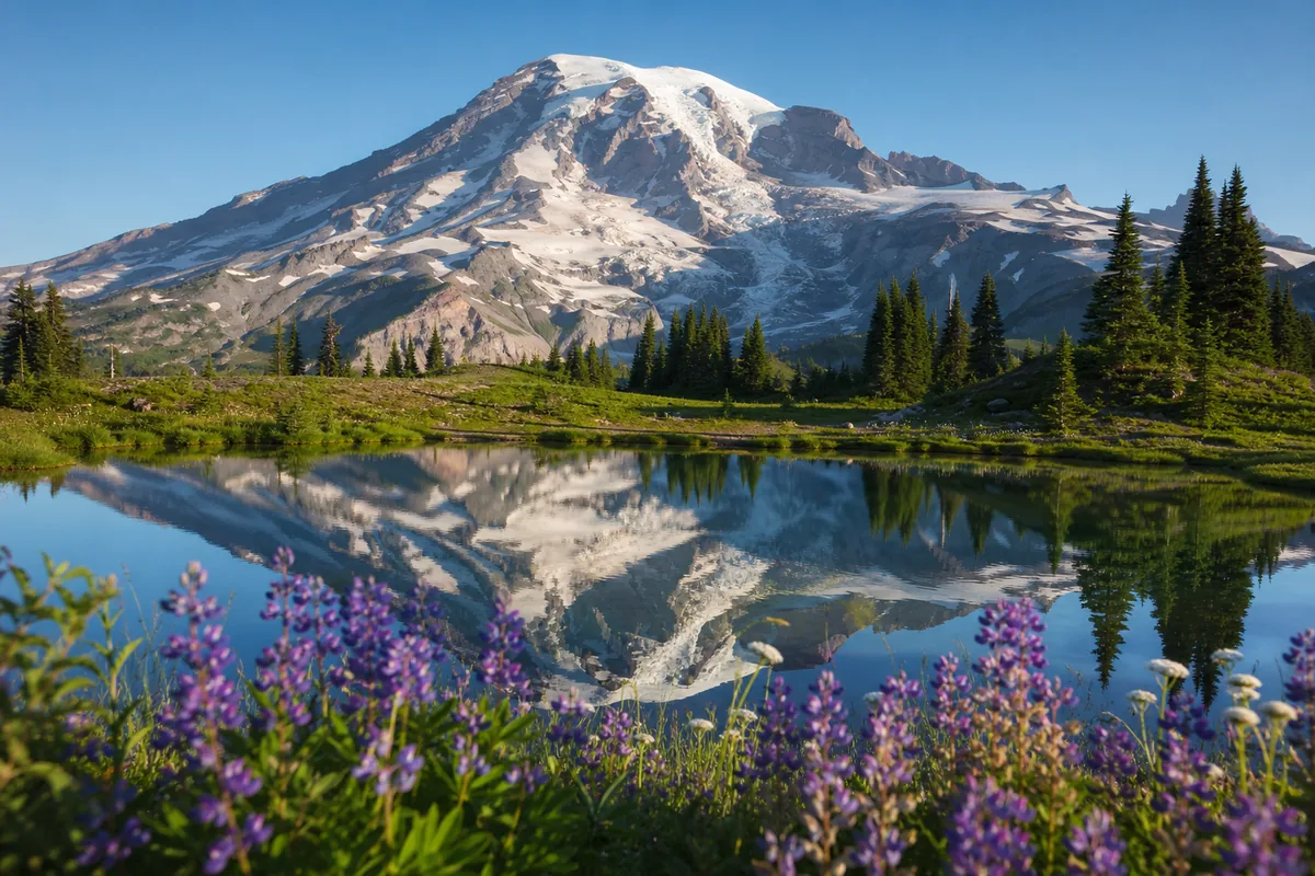 Le mont Rainier enneigé se reflétant dans un lac alpin, État de Washington